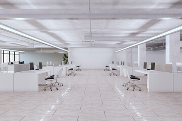 Clean bright coworking office interior with furniture, equipment and other items. Workplace and commercial space concept. 3D Rendering.