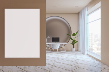 Modern light office interior with clean white mock up poster, window and city view, curtain, furniture and equipment, decorative round pattern on wall. 3D Rendering.