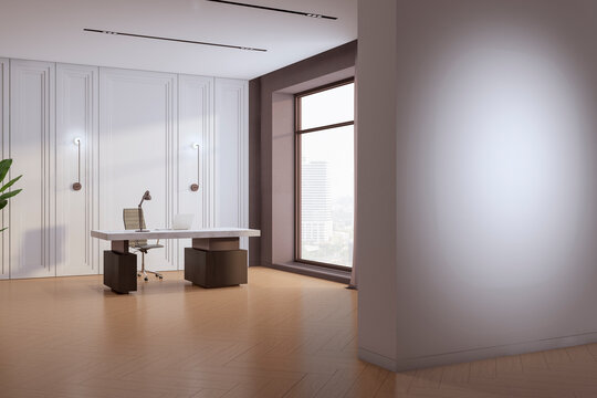 Modern light office interior with empty mock up place on wall, furniture and equipment, window with city view and curtain. 3D Rendering.