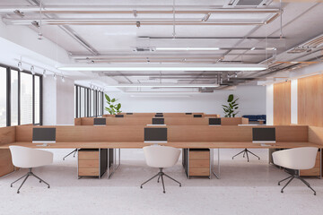 Modern wooden and concrete coworking office interior with window and city view, furniture, equipment and other items. Workplace and commercial space concept. 3D Rendering.