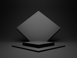 3D black geometric podium. Dark room background.