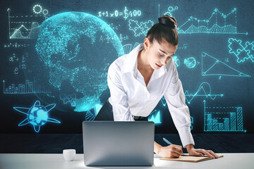 Thoughtful young european businesswoman leaning on desk with laptop and glowing mathematical formulas and globe hologram on blurry blue background. Equation, digital data and mathematics app concept.