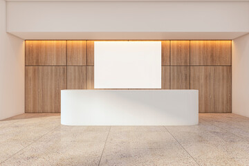 Front view on blank white poster with place for your logo or text above light reception desk in stylish sunlit space with wooden wall background and concrete floor. 3D rendering, mockup - obrazy, fototapety, plakaty