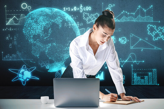 Thoughtful young european businesswoman leaning on desk with laptop and glowing mathematical formulas and globe hologram on blurry blue background. Equation, digital data and mathematics app concept. - Powered by Adobe