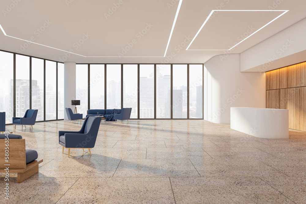 Poster stylish sunlit spacious waiting area hall in modern business center with city view background from p