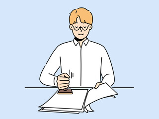 Male notary stamping documents in office. Smiling man worker sign with stamp official agreements at workplace. Vector illustration.  - obrazy, fototapety, plakaty