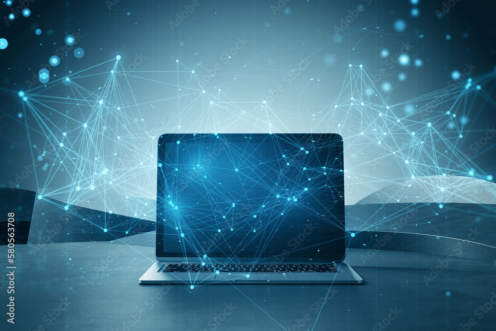 Poster close up of laptop computer with glowing blue polygonal mesh interface on blurry desktop background.