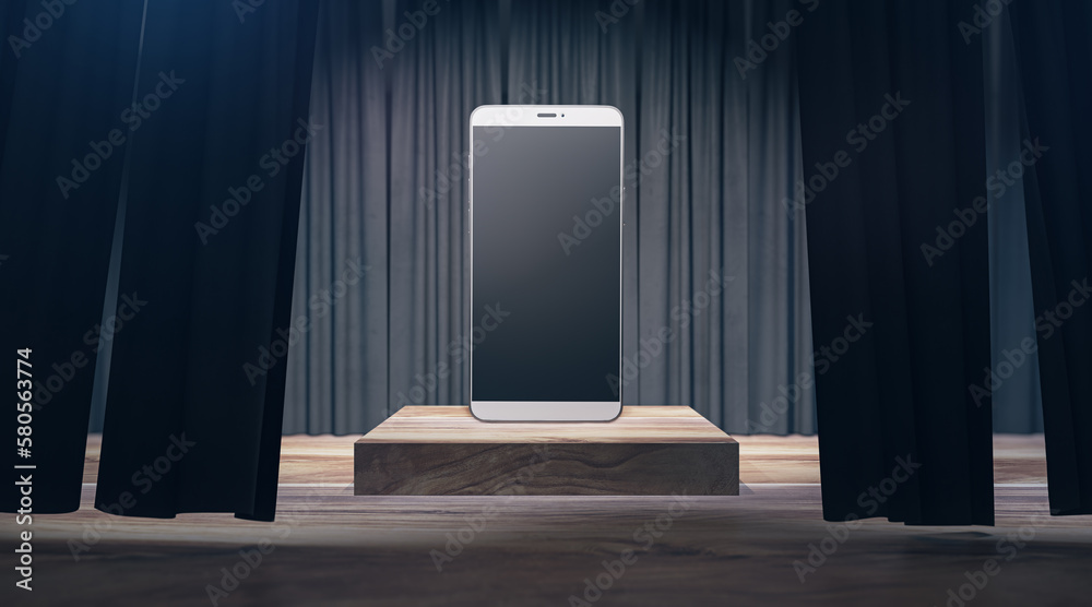 Poster Empty blank cellphone placed on pedestal with gray curtains. Presentation and mock up concept. 3D Rendering.