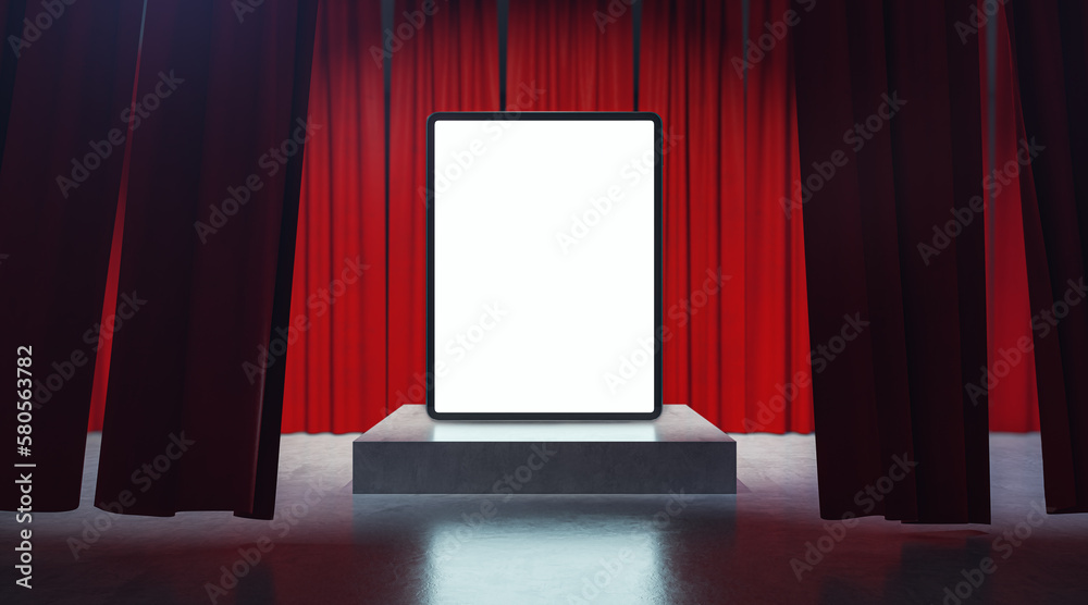 Poster Empty white tablet placed on pedestal with red curtains. Presentation and mock up concept. 3D Rendering.