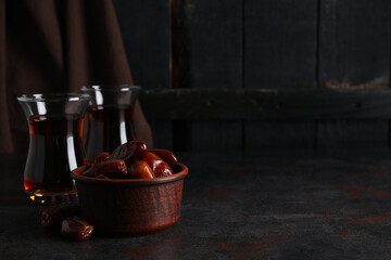 Concept of tasty food, dates, space for text