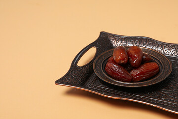 Concept of tasty food, dates, space for text