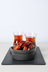 Concept of tasty food, dates, space for text