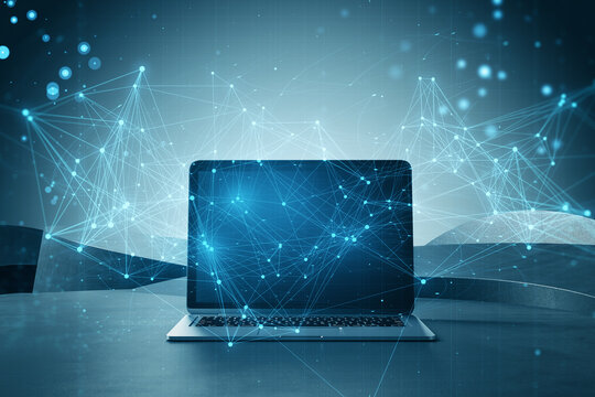Close up of laptop computer with glowing blue polygonal mesh interface on blurry desktop background. Technology and network concept. Double exposure.