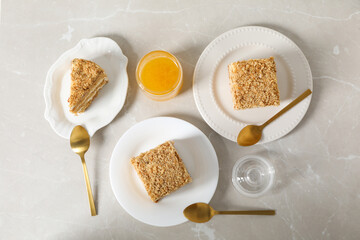 Concept of delicious sweet food - honey cake, top view