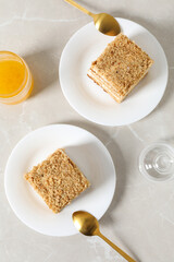 Concept of delicious sweet food - honey cake, top view