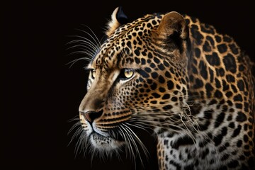 Fototapeta na wymiar Close up view Leopard. Animal in the wild, set against a black background. Generative AI