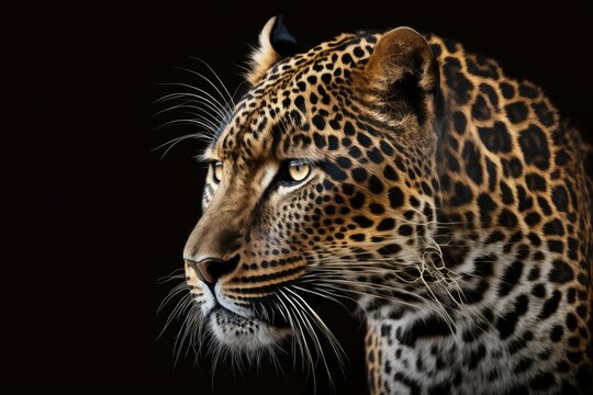 Close up view Leopard. Animal in the wild, set against a black background. Generative AI