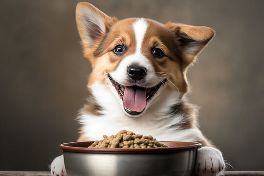 Smiling dog in front of pet food, nutrition concept