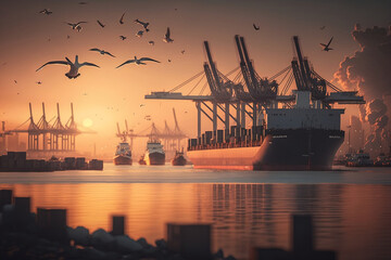 Shipping port at sunrise, with cargo containers stacked high and cranes towering in the background. Ships are visible on the water, with seagulls flying overhead. 