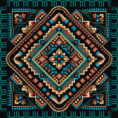 Tapestry tribal ethnic colorful seamless pattern with square stitch frame. Textured border background. Geometric embroidered ornament. Repeat grunge backdrop. Embroidered patterned endless texture