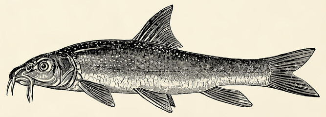 The freshwater fish -  common barbel (Barbus barbus). Antique stylized illustration.