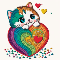 Embroidery smiling happy kitten with colorful love hearts. Tapestry vector background illustration with beautiful cute little cat and bright ornamental love hearts. Embroidered grunge texture