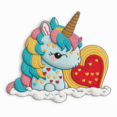 Embroidery little cartoon unicorn with love heart. Colorful ornamental mane. Tapestry vector white background illustration with  beautiful textured unicorn and love heart. Embroidered grunge texture