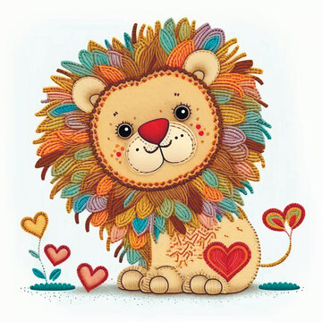 Embroidery little cute lion with colorful ornamental mane and love hearts. Tapestry vector white background illustration with bright beautiful textured lion and love heart. Embroidered grunge texture
