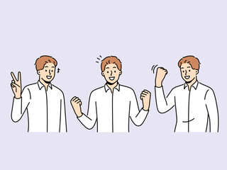 Smiling man make hand gestures celebrating success or victory. Happy lucky guy use body language to show emotions and feelings. Winner and reward. Vector illustration. 