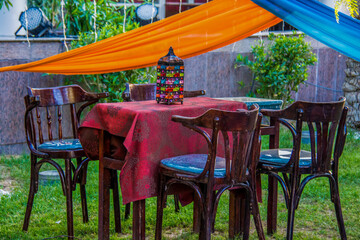 Ramadan tent set up decoration photography, Photo is selective focus with shallow depth of field. Taken at Cairo Egypt