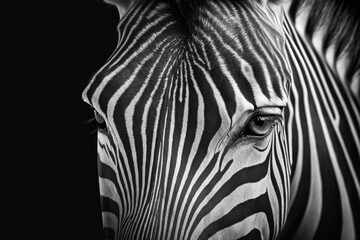 A close up black and white portrait of a zebra that draws attention to its pattern. Generative AI