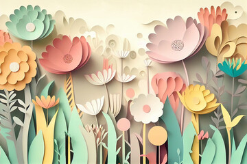 Abstract Paper Cut Tulips, Spring Pastel Colored Collage, Flower Background