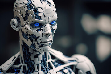 Porcelain white humanoid cyborg with blue glowing eyes. Android. AI - artificial intelligence concept. generative ai. Portrait of a futuristic android robot