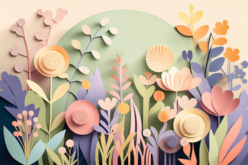 Paper cut spring flowers with pastel colors, Creative spring background, generative AI Art