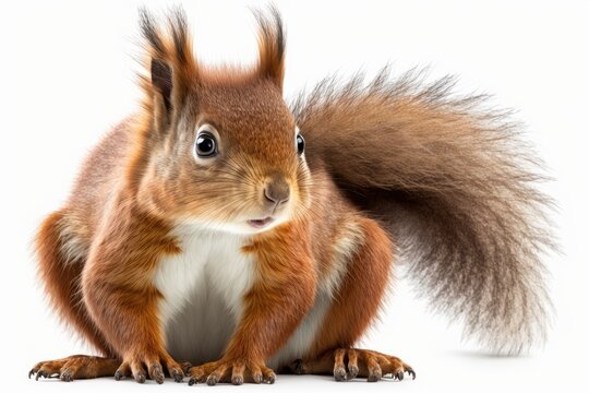 A picture of a Eurasian red squirrel against a white background. Generative AI