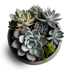 succulents potted in a grey pot, isolated, flat lay / top view