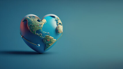 Globe in heart shape on blue background with copy space. World health day concept Global health care. Generative ai.
