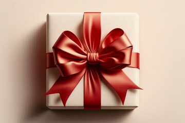 Cream gift present box with red satin bow