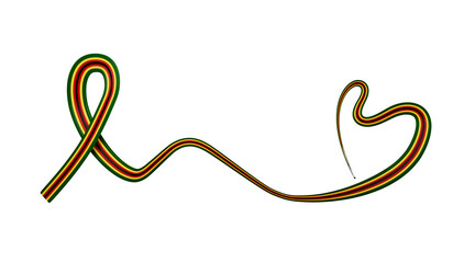 3d Flag Of Zimbabwe, Heart Shaped Wavy Awareness Ribbon flag On White Background, 3d illustration
