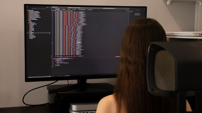 IRPEN, UKRAINE, JUNE 12 20222, Female freelance programmer writes javascript project program for mobile app. Programming ide. Programming code screen, bootstrap grid, Illustrative Editorial
