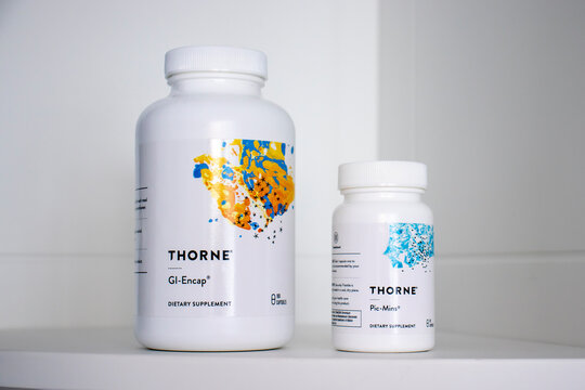 IRPEN, UKRAINE, JULY 4 20222, Bottles of supplements Thorne Supplements on the shelf, Illustrative Editotial