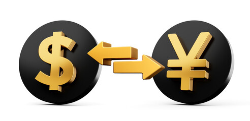 US Dollar and Japanese Yen symbols over black icon with two arrows. 3d illustration of exchange rate
