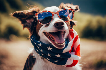 Dog in front of USA flag, independence day 4th July - obrazy, fototapety, plakaty