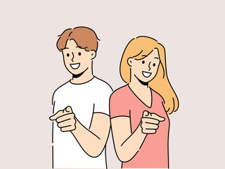 Smiling woman and man point at screen choose audience. Happy people show with finger on screen make choice. Vector illustration. 