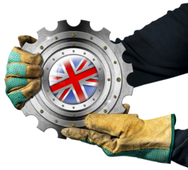 Manual worker with work gloves holding a metallic cogwheel with the national flag of the UK (Union Jack Flag), isolated on white or transparent background. Png.