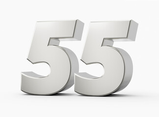 Silver 3d numbers 55 Fifty five. Isolated white background 3d illustration