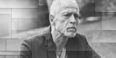 Fototapeta premium Portrait of handsome mature man, light effect, geometric pattern