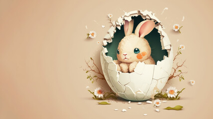Happy easter concept. Cute easter bunny rabbit inside a cracked egg and flower, flat design. Generative ai. - obrazy, fototapety, plakaty