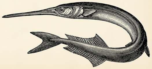 The fish - Garfish (Belone belone). Antique stylized illustration.