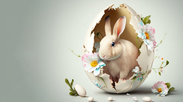 Happy easter concept. Cute easter bunny rabbit inside a cracked egg and flower, flat design. Generative ai.